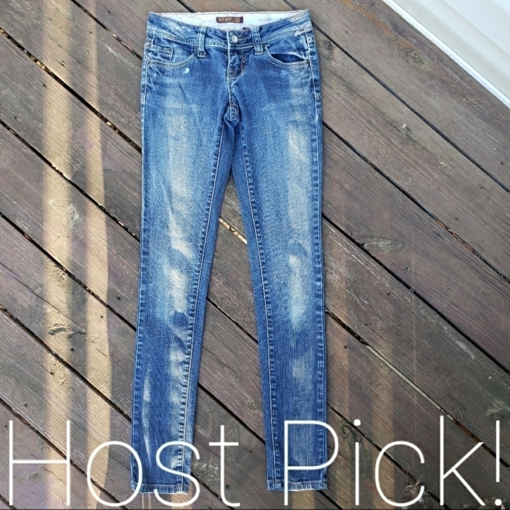Zana Di ZD Skinny Medium Wash Denim Jeans Womens Size 0 Rhinestone Buttons EUC